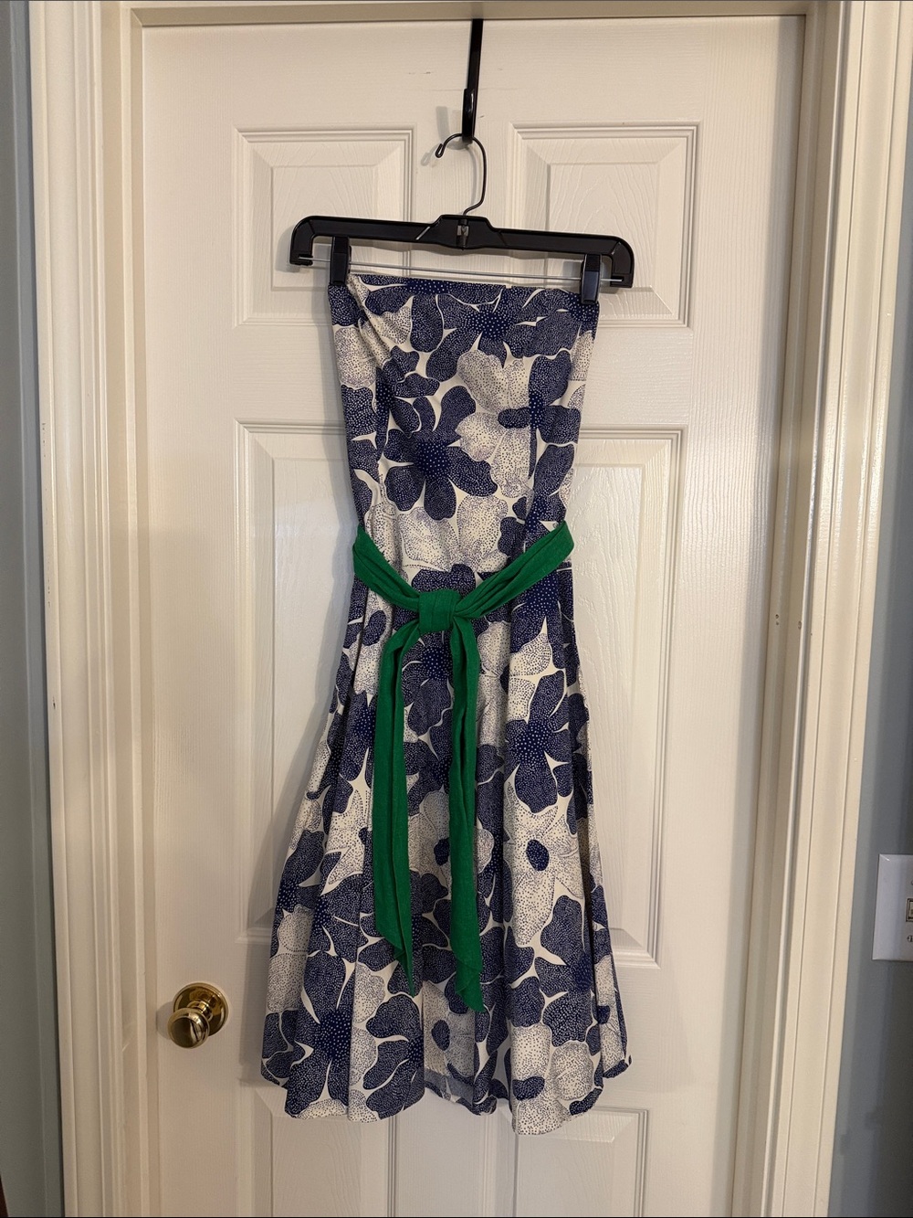 Tabitha Navy Floral Strapless Dress with Green Sash